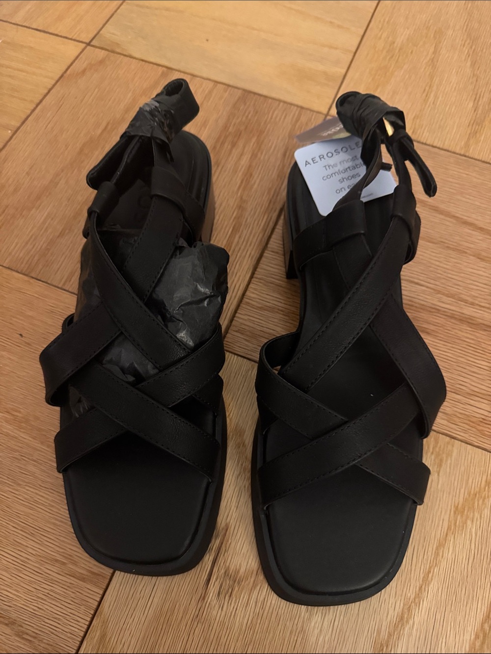AEROSOLES Black Crisscross Ankle-Tie Sandals
